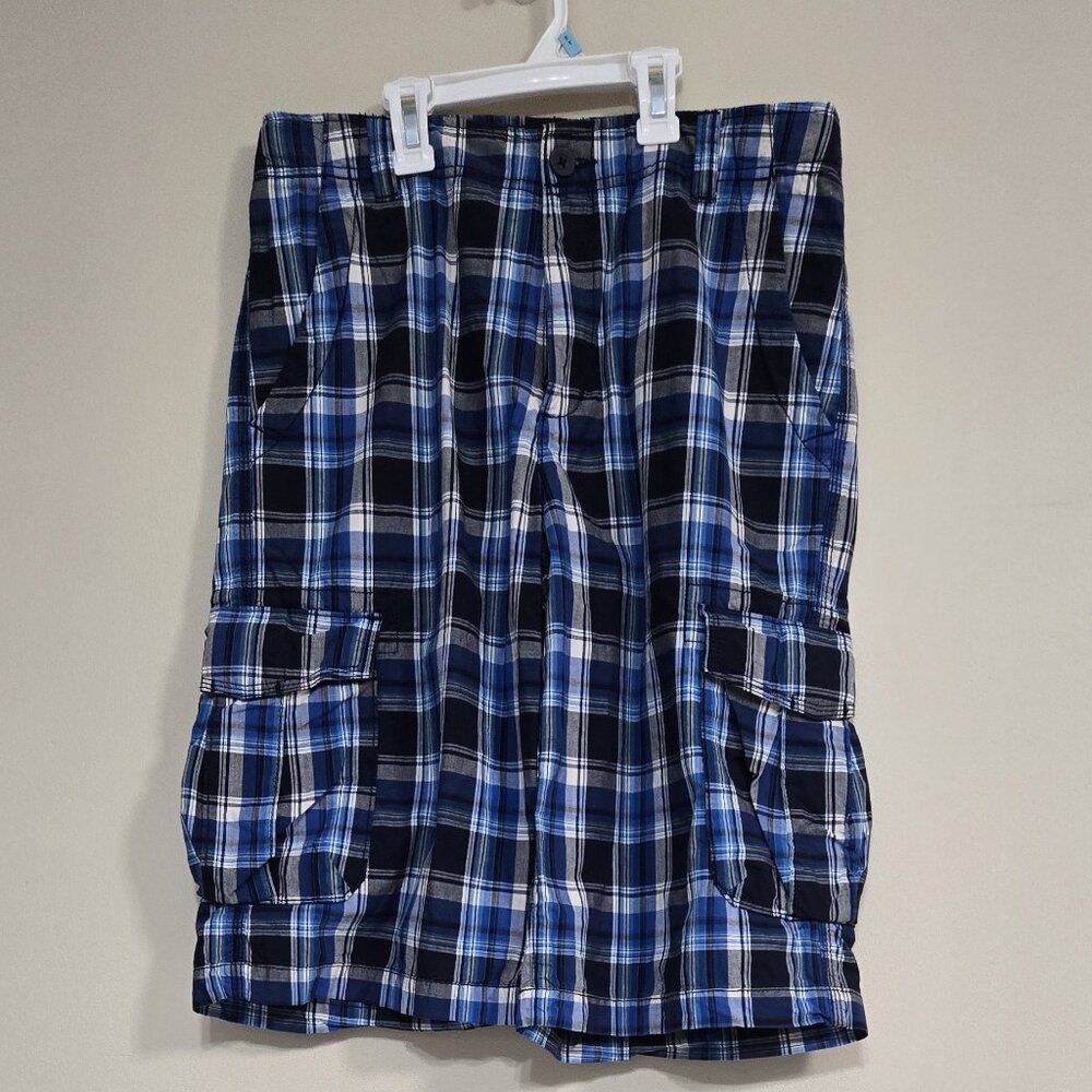 Urban Pipeline Blue Plaid Flat Front Cargo Short Cotton Boys 18